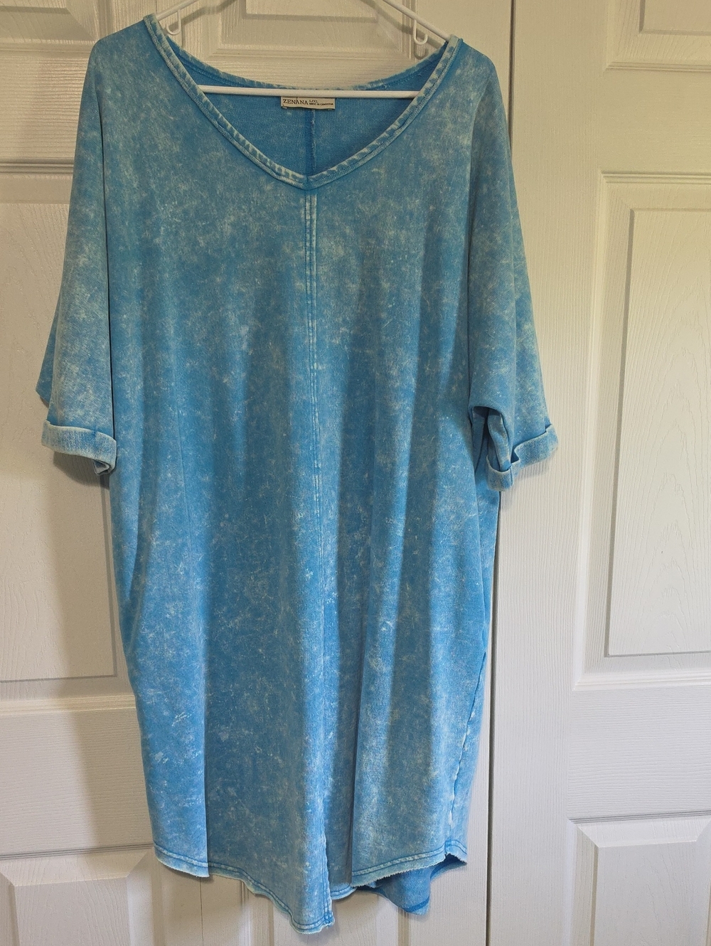 Zenana Light Blue Mineral-Wash V-Neck Short Dress